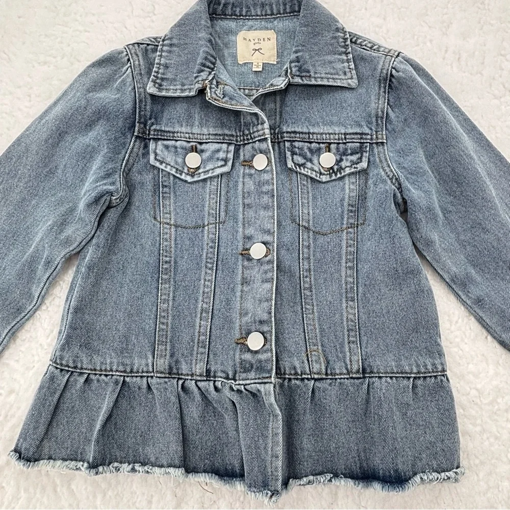 Hayden Girls Acid Wash Denim Jacket Raw Hem Ruffled Size Small 100% Cotton NWOT - Picture 3 of 10